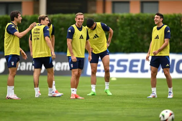 FLORENCE, ITALY - JUNE 08: Players of Italy in action during a Italy training session at Centro Tecnico Federale di Coverciano on June 08, 2024 in Florence, Italy. (Photo by Claudio Villa/Getty Images)