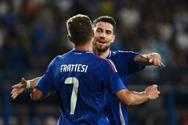 Italy's midfielder #07 Davide Frattesi celebrates with teammate Italy's midfielder #08 Jorginho after scoring his team first goal during the International friendly football match between Italy and Bosnia-Herzegovina in Empoli on June 09, 2024. (Photo by Isabella BONOTTO / AFP) (Photo by ISABELLA BONOTTO/AFP via Getty Images)