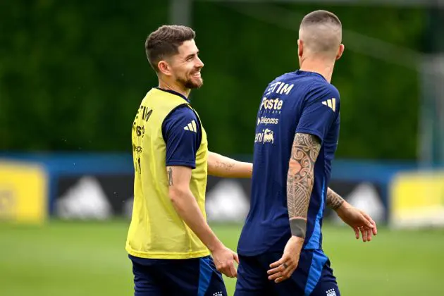 FLORENCE, ITALY - JUNE 08: Jorginho of Italy smiles during a Italy training session at Centro Tecnico Federale di Coverciano on June 08, 2024 in Florence, Italy. (Photo by Claudio Villa/Getty Images)