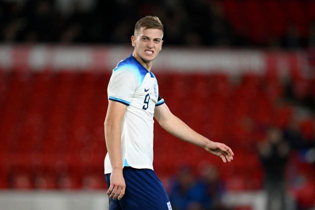 NOTTINGHAM, ENGLAND - OCTOBER 12: Liam Delap of England reacts during the UEFA U21 EURO Qualifier match between England and Serbia at City Ground on October 12, 2023 in Nottingham, England. (Photo by Michael Regan/Getty Images)