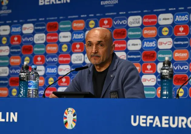 BERLIN, GERMANY - JUNE 28: Head coach of Italy Luciano Spalletti speaks during the press conference at Olympiastadion on June 28, 2024 in Berlin, Germany. (Photo by Claudio Villa/Getty Images for FIGC)
