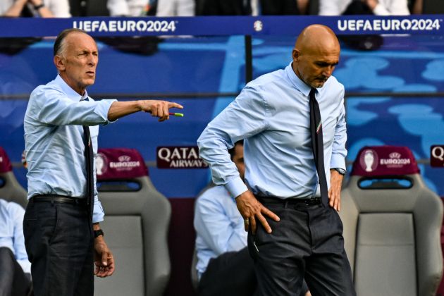 Italian football assistant manager Marco Domenichini and Italy's head coach Luciano Spalletti reacts during the UEFA Euro 2024 round of 16 football match between Switzerland and Italy at the Olympiastadion Berlin in Berlin on June 29, 2024. (Photo by Fabrice COFFRINI / AFP) (Photo by FABRICE COFFRINI/AFP via Getty Images)