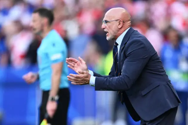 Spain's head coach Luis de La Fuente gestures during the UEFA Euro 2024 Group B football match between Spain and Croatia at the Olympiastadion in Berlin on June 15, 2024. (Photo by Christophe SIMON / AFP) (Photo by CHRISTOPHE SIMON/AFP via Getty Images)