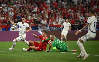 MUNICH, GERMANY - JUNE 25: Luka Jovic of Serbia crosses the ball before Joachim Andersen of Denmark (not pictured) scored an own goal, which was later ruled out for offside during the UEFA EURO 2024 group stage match between Denmark and Serbia at Munich Football Arena on June 25, 2024 in Munich, Germany. (Photo by Clive Mason/Getty Images)