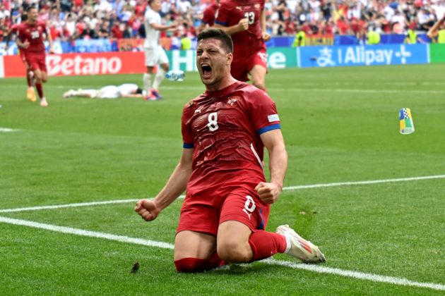 Serbia's forward #08 Luka Jovic celebrates after scoring his team's first goal during the UEFA Euro 2024 Group C football match between Slovenia and Serbia at the Munich Football Arena in Munich on June 20, 2024. (Photo by Miguel MEDINA / AFP) (Photo by MIGUEL MEDINA/AFP via Getty Images)