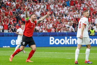 Austria's forward #07 Marko Arnautovic celebrates his team's first goal during the UEFA Euro 2024 Group D football match between Poland and Austria at the Olympiastadion in Berlin on June 21, 2024. (Photo by AXEL HEIMKEN / AFP) (Photo by AXEL HEIMKEN/AFP via Getty Images)