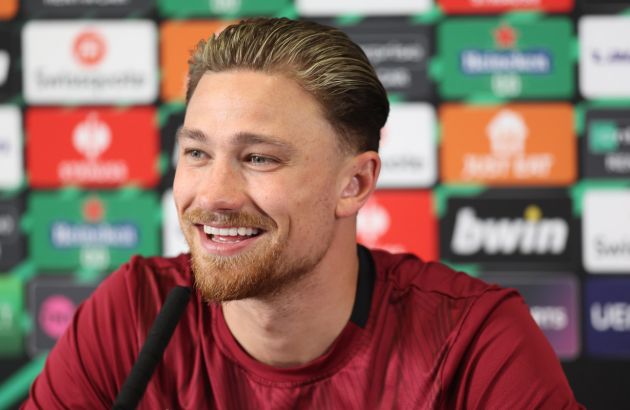 BIRMINGHAM, ENGLAND - MAY 01: Matty Cash of Aston Villa is interviewed during a press conference ahead of their UEFA Europa Conference League 2023/24 match against Olympiacos at Bodymoor Heath training ground on May 01, 2024 in Birmingham, England.(Photo by Nathan Stirk/Getty Images) (Photo by Nathan Stirk/Getty Images)