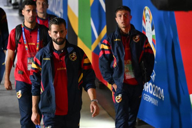 Spain's defender #04 Nacho and teammates arrive at the stadium for the UEFA Euro 2024 Group B football match between Spain and Italy at the Arena AufSchalke in Gelsenkirchen on June 20, 2024. (Photo by Alberto PIZZOLI / AFP) (Photo by ALBERTO PIZZOLI/AFP via Getty Images)
