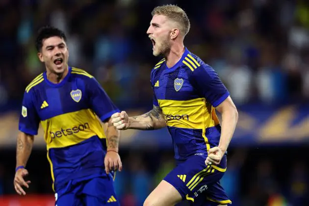 Boca Juniors' defender Nicolas Valentini (R) celebrates with teammate Lucas Blondel after scoring his team's fourth goal during the Argentine Professional Football League Cup 2024 match between Boca Juniors and Racing Club at La Bombonera stadium in Buenos Aires on March 10, 2024. (Photo by ALEJANDRO PAGNI / AFP) (Photo by ALEJANDRO PAGNI/AFP via Getty Images)