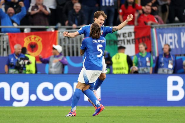 DORTMUND, GERMANY - JUNE 15: Nicolo Barella of Italy celebrates scoring his team's second goal with teammate Riccardo Calafiori during the UEFA EURO 2024 group stage match between Italy and Albania at Football Stadium Dortmund on June 15, 2024 in Dortmund, Germany. (Photo by Dean Mouhtaropoulos/Getty Images)