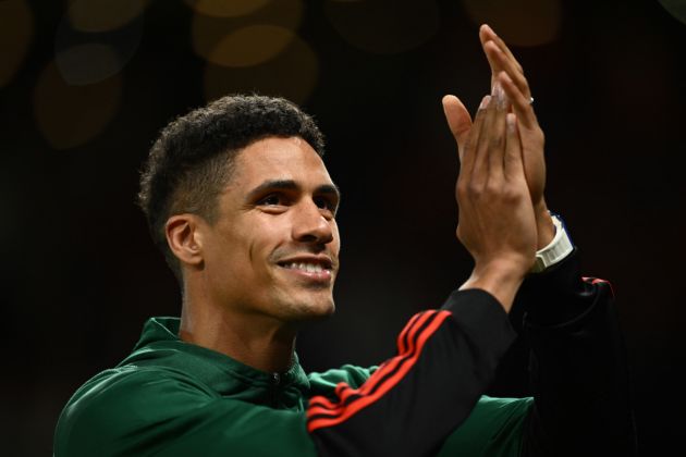 MANCHESTER, ENGLAND - MAY 15: Raphaël Varane of Manchester United applauds supporters after the Premier League match between Manchester United and Newcastle United at Old Trafford on May 15, 2024 in Manchester, England. (Photo by Gareth Copley/Getty Images)
