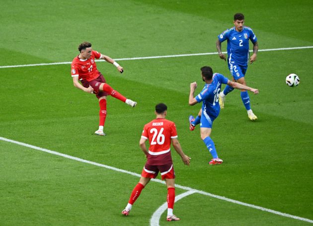 BERLIN, GERMANY - JUNE 29: Ruben Vargas of Switzerland scores his team's second goal during the UEFA EURO 2024 round of 16 match between Switzerland and Italy at Olympiastadion on June 29, 2024 in Berlin, Germany. (Photo by Dan Mullan/Getty Images)