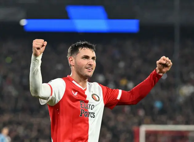 Feyenoord's Mexican forward #29 Santiago Gimenez celebrates after scoring his team's third goal during the UEFA Champions League Group E football match between Feyenoord and Lazio at The De Kuip Stadium, in Rotterdam on October 25, 2023. cel (Photo by JOHN THYS / AFP) (Photo by JOHN THYS/AFP via Getty Images)