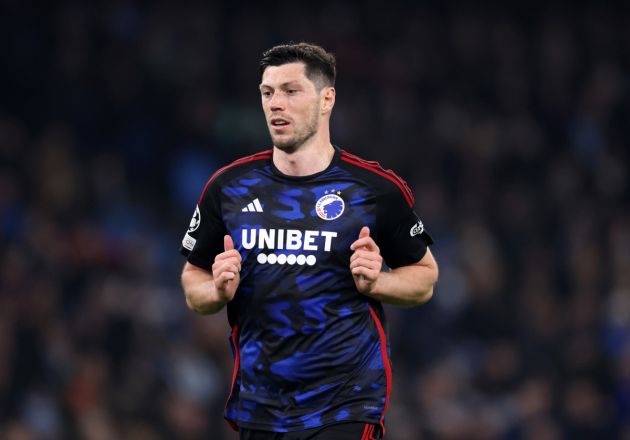 MANCHESTER, ENGLAND - MARCH 06: Scott McKenna of FC Copenhagen during the UEFA Champions League 2023/24 round of 16 second leg match between Manchester City and F.C. Copenhagen at Etihad Stadium on March 06, 2024 in Manchester, England. (Photo by Catherine Ivill/Getty Images)