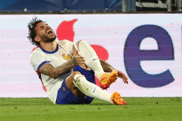 France's defender #22 Theo Hernandez reacts after a challenge during the International friendly football match between France and Canada at the Matmut Atlantique stadium in Bordeaux, on June 9, 2024. (Photo by ROMAIN PERROCHEAU / AFP) (Photo by ROMAIN PERROCHEAU/AFP via Getty Images)