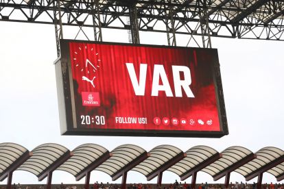 MILAN, ITALY - SEPTEMBER 23: The maxi screen shows the use of var during the serie A match between AC Milan and Atalanta BC at Stadio Giuseppe Meazza on September 23, 2018 in Milan, Italy. (Photo by Marco Luzzani/Getty Images)