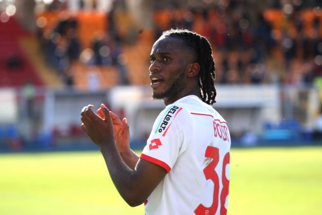 LECCE, ITALY - APRIL 27: Warren Bondo of Monza applauds after the Serie A TIM match between US Lecce and AC Monza at Stadio Via del Mare on April 27, 2024 in Lecce, Italy. (Photo by Maurizio Lagana/Getty Images)