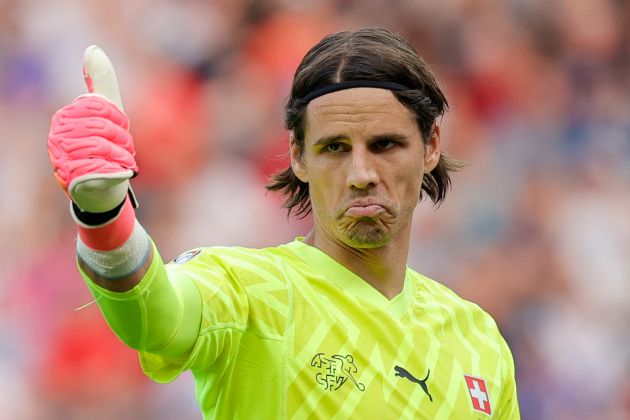 TOPSHOT - Switzerland's goalkeeper #01 Yann Sommer gestures during the UEFA Euro 2024 round of 16 football match between Switzerland and Italy at the Olympiastadion Berlin in Berlin on June 29, 2024. (Photo by AXEL HEIMKEN / AFP) (Photo by AXEL HEIMKEN/AFP via Getty Images)