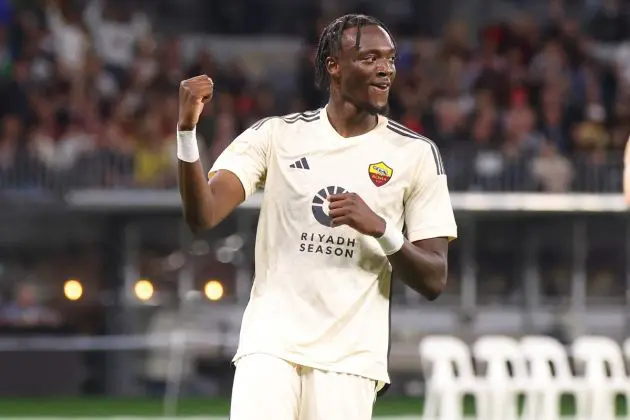 PERTH, AUSTRALIA - MAY 31: Tammy Abraham of AS Roma celebrates his goal during the friendly between AC Milan and AS Roma at Optus Stadium on May 31, 2024 in Perth, Australia. (Photo by James Worsfold/Getty Images)