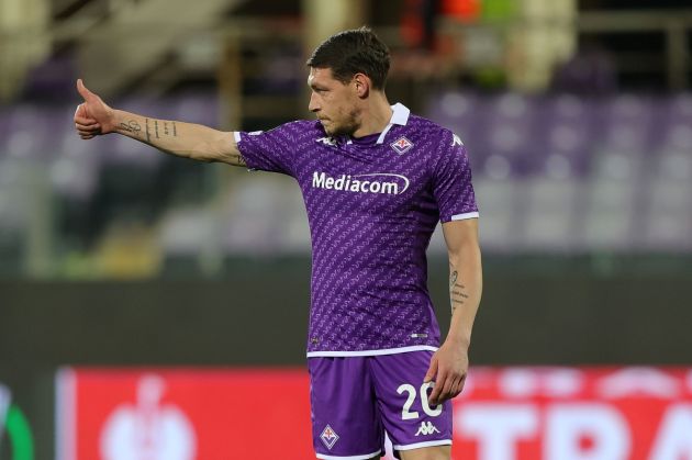 FLORENCE, ITALY - MARCH 14: Andrea Belotti of ACF Fiorentina gestures during the UEFA Europa Conference League 2023/24 round of 16 second leg match between ACF Fiorentina and Maccabi Haifa at on March 14, 2024 in Florence, Italy.(Photo by Gabriele Maltinti/Getty Images)