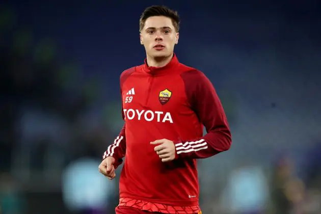 ROME, ITALY - DECEMBER 10: Nicola Zalewski of AS Roma looks on during the warm up prior to the Serie A TIM match between AS Roma and ACF Fiorentina at Stadio Olimpico on December 10, 2023 in Rome, Italy. (Photo by Paolo Bruno/Getty Images)