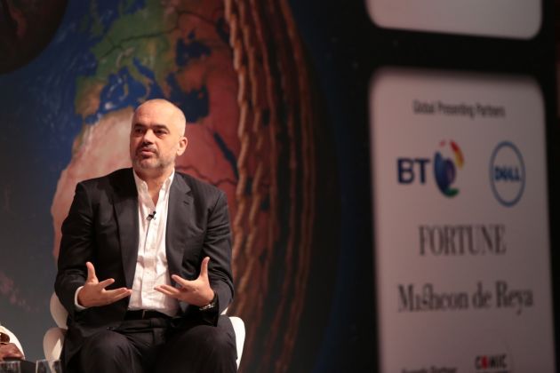 LONDON, ENGLAND - OCTOBER 21: Prime Minister of Albania Edi Rama takes part in a panel discussion on how Sport has the power to go 'Beyond the Divide' during Day three of the Beyond Sport Summit at the Grange St. Paul's Hotel on October 21, 2015 in London, England. (Photo by Claire Greenway/Getty Images for Beyond Sport)