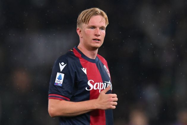 BOLOGNA, ITALY - MAY 20: Victor Kristiansen of Bologna FC looks on during the Serie A TIM match between Bologna FC and Juventus at Stadio Renato Dall'Ara on May 20, 2024 in Bologna, Italy. (Photo by Alessandro Sabattini/Getty Images)