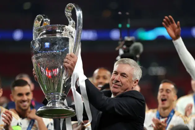 LONDON, ENGLAND - JUNE 01: Carlo Ancelotti, Head Coach of Real Madrid, lifts the UEFA Champions League Trophy after his team's victory during the UEFA Champions League 2023/24 Final match between Borussia Dortmund and Real Madrid CF at Wembley Stadium on June 01, 2024 in London, England. (Photo by Alex Pantling/Getty Images)