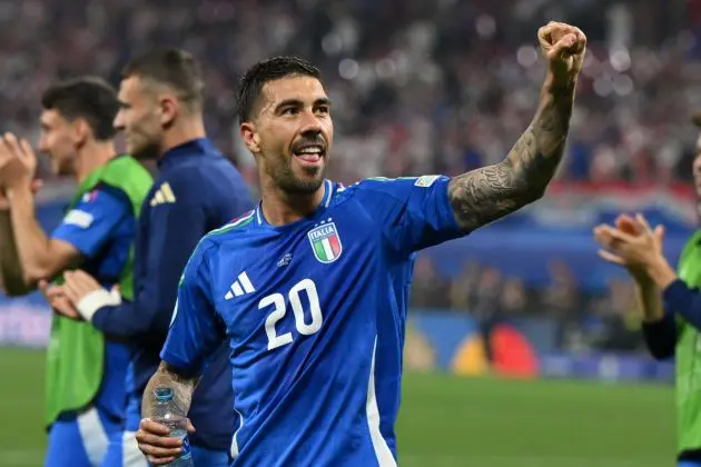 LEIPZIG, GERMANY - JUNE 24: Mattia Zaccagni of Italy celebrates with teammates after scoring his team's first goal to equalise during the UEFA EURO 2024 group stage match between Croatia and Italy at Football Stadium Leipzig on June 24, 2024 in Leipzig, Germany. (Photo by Claudio Villa/Getty Images for FIGC)