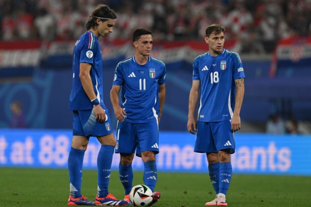 LEIPZIG, GERMANY - JUNE 24: Riccardo Calafiori, Giacomo Raspadori and Nicolo Barella of Italy look on during the UEFA EURO 2024 group stage match between Croatia and Italy at Football Stadium Leipzig on June 24, 2024 in Leipzig, Germany. (Photo by Claudio Villa/Getty Images for FIGC)