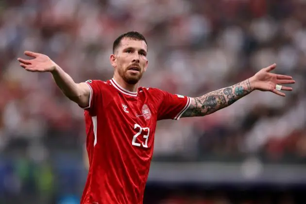 FRANKFURT AM MAIN, GERMANY - JUNE 20: Pierre-Emile Hojbjerg of Denmark reacts during the UEFA EURO 2024 group stage match between Denmark and England at Frankfurt Arena on June 20, 2024 in Frankfurt am Main, Germany. (Photo by Alex Grimm/Getty Images)