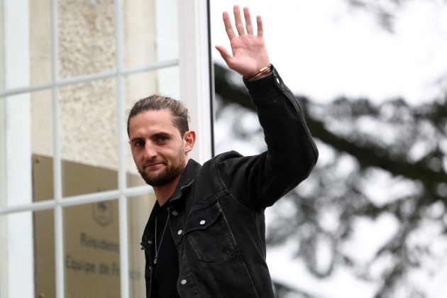 France's midfielder Adrien Rabiot arrives to the national team's training camp for the upcoming UEFA Euro 2024 European Football Championship, in Clairefontaine-en-Yvelines on May 29, 2024. (Photo by FRANCK FIFE / AFP) (Photo by FRANCK FIFE/AFP via Getty Images)
