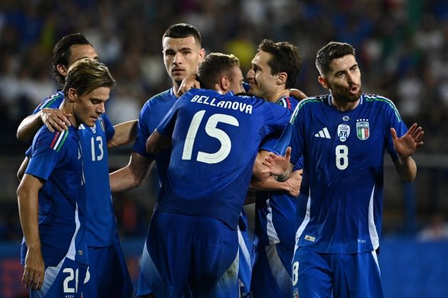 Italy midfielder #07 Davide Frattesi (C) celebrates with teammates after scoring his team first goal during the International friendly football match between Italy and Bosnia-Herzegovina in Empoli on June 09, 2024. (Photo by Isabella BONOTTO / AFP) (Photo by ISABELLA BONOTTO/AFP via Getty Images)