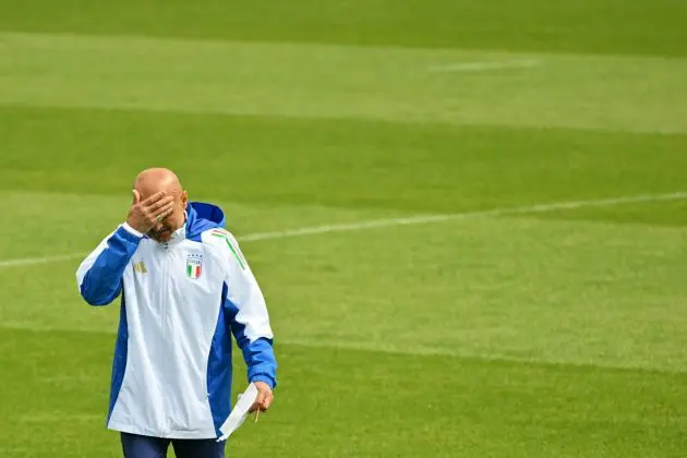 Italy head coach Luciano Spalletti reacts while supervising his team's MD-1 training session at the base camp in Iserlohn on June 23, 2024, on the eve of their UEFA Euro 2024 football match against Croatia. (Photo by Alberto PIZZOLI / AFP) (Photo by ALBERTO PIZZOLI/AFP via Getty Images)