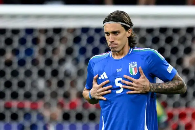 Italy defender #05 Riccardo Calafiori reacts during the UEFA Euro 2024 Group B football match between Italy and Albania at the BVB Stadion in Dortmund on June 15, 2024. (Photo by INA FASSBENDER / AFP) (Photo by INA FASSBENDER/AFP via Getty Images)