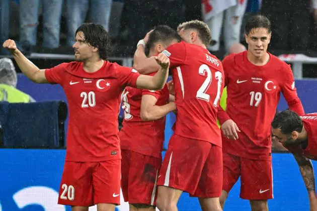 Turkey forward #08 Arda Guler (2nd L) celebrates with teammates after scoring his team's second goal during the UEFA Euro 2024 Group F football match between Turkey and Georgia at the BVB Stadion in Dortmund on June 18, 2024. (Photo by Damien MEYER / AFP) (Photo by DAMIEN MEYER/AFP via Getty Images)