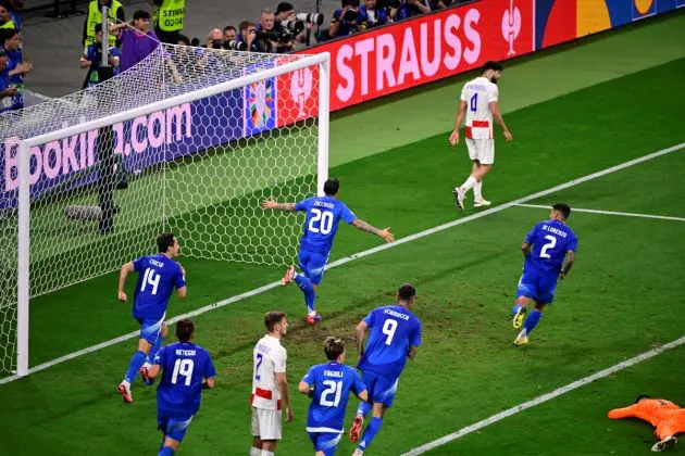 Italy forward #20 Mattia Zaccagni (C) celebrates with teammates after scoring his team's first goal during the UEFA Euro 2024 Group B football match between the Croatia and Italy at the Leipzig Stadium in Leipzig on June 24, 2024. (Photo by JOHN MACDOUGALL / AFP) (Photo by JOHN MACDOUGALL/AFP via Getty Images)