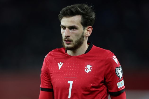 Georgia midfielder Khvicha Kvaratskhelia during the UEFA EURO 2024 qualifying play-off final football match between Georgia and Greece in Tbilisi on March 26, 2024. (Photo by Giorgi ARJEVANIDZE / AFP) (Photo by GIORGI ARJEVANIDZE/AFP via Getty Images)