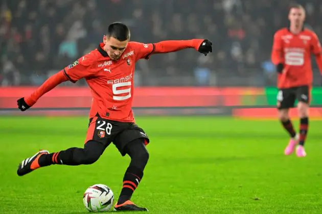 Rennes midfielder #28 Enzo Le Fee kicks the ball during the French L1 football match between Stade Rennais FC and OGC Nice at The Roazhon Park Stadium in Rennes, western France on January 13, 2024. (Photo by Damien Meyer / AFP) (Photo by DAMIEN MEYER/AFP via Getty Images)