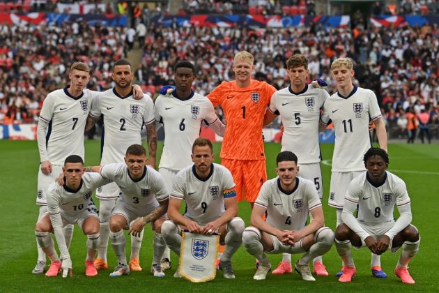 (L-R back row) England's midfielder #07 Cole Palmer, England's defender #02 Kyle Walker, England's defender #06 Marc Guehi, England's goalkeeper #01 Aaron Ramsdale, England's defender #05 John Stones and England's midfielder #11 Anthony Gordon, (L-R front row) England's midfielder #10 Phil Foden, England's defender #03 Kieran Trippier, England's striker #09 Harry Kane, England's midfielder #04 Declan Rice and England's midfielder #08 Kobbie Mainoo pose for a photo ahead of kick-off in the International friendly football match between England and Iceland at Wembley Stadium in London on June 7, 2024. (Photo by Glyn KIRK / AFP) / NOT FOR MARKETING OR ADVERTISING USE / RESTRICTED TO EDITORIAL USE (Photo by GLYN KIRK/AFP via Getty Images)
