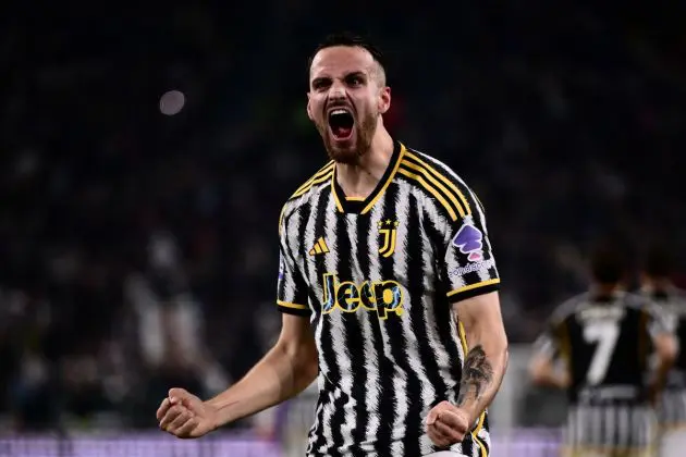 Juventus defender and Newcastle linked #04 Federico Gatti celebrates after scoring the team's first goal during the Italian Serie A football match between Juventus and Fiorentina, at The Allianz Stadium, in Turin on April 7, 2024. (Photo by Marco BERTORELLO / AFP) (Photo by MARCO BERTORELLO/AFP via Getty Images)