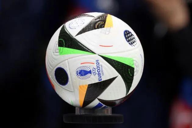 FRANKFURT AM MAIN, GERMANY - MARCH 26: A detailed view of the UEFA EURO 2024 match ball prior to the International Friendly match between Germany and Netherlands at Deutsche Bank Park on March 26, 2024 in Frankfurt am Main, Germany. (Photo by Alexander Hassenstein/Getty Images)