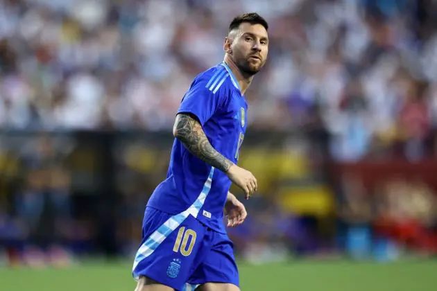 LANDOVER, MARYLAND - JUNE 14: Lionel Messi #10 of Argentina looks on during the first half against Guatemala at Commanders Field on June 14, 2024 in Landover, Maryland. (Photo by Tim Nwachukwu/Getty Images)