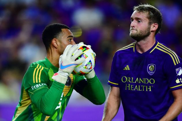 ORLANDO, FLORIDA - MAY 15: Drake Callender #1 of Inter Miami makes a save in front of Duncan McGuire #13 of Orlando City in the second half of a game at Inter&Co Stadium on May 15, 2024 in Orlando, Florida. (Photo by Julio Aguilar/Getty Images)