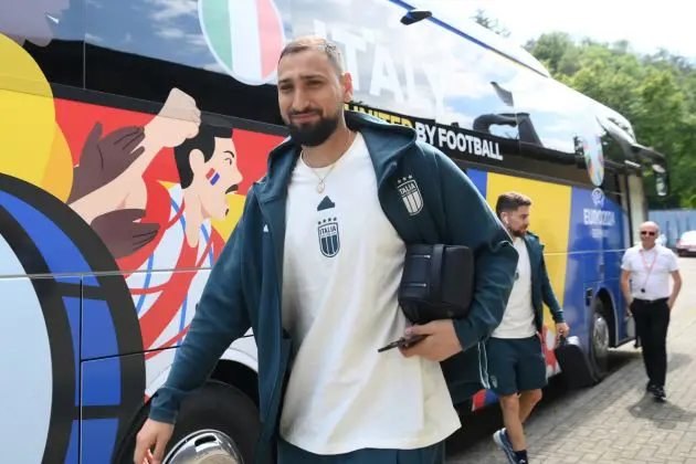 ISERLOHN, GERMANY - JUNE 11: Gianluigi Donnarumma of Italy arrives before a Italy training session at Hemberg-Stadion on June 11, 2024 in Iserlohn, Germany. (Photo by Claudio Villa/Getty Images for FIGC)