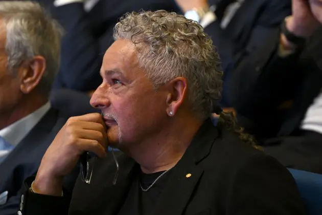 FLORENCE, ITALY - JUNE 03: Roberto Baggio looks on during a press conference at Centro Tecnico Federale di Coverciano on June 03, 2024 in Florence, Italy. (Photo by Claudio Villa/Getty Images)