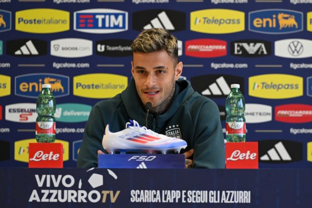 ISERLOHN, GERMANY - JUNE 13: Gianluca Scamacca of Italy speaks with the media during Italy press conference at Hemberg-Stadion on June 13, 2024 in Iserlohn, Germany. (Photo by Claudio Villa/Getty Images for FIGC)