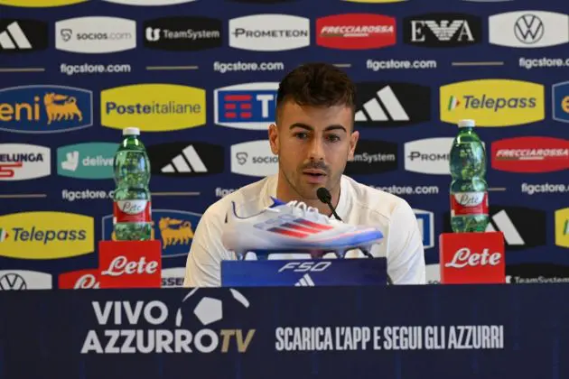 ISERLOHN, GERMANY - JUNE 26: Stephan El Shaarawy of Italy speaks with the media during a Italy training session at Hemberg-Stadion on June 26, 2024 in Iserlohn, Germany. (Photo by Claudio Villa/Getty Images for FIGC)