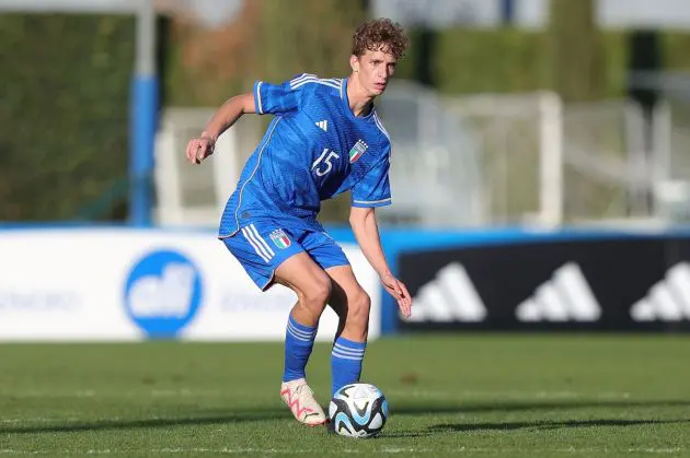 FLORENCE, ITALY - FEBRUARY 13: Andrea Natali of Italy U17 in action during the International friendly match between Italy U17 and France U17 at Centro Tecnico Federale di Coverciano on February 13, 2024 in Florence, Italy. (Photo by Gabriele Maltinti/Getty Images)