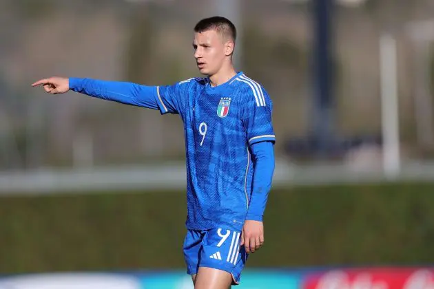 FLORENCE, ITALY - FEBRUARY 13: Francesco Camarda of Italy U17 in action during the International friendly match between Italy U17 and France U17 at Centro Tecnico Federale di Coverciano on February 13, 2024 in Florence, Italy. (Photo by Gabriele Maltinti/Getty Images)
